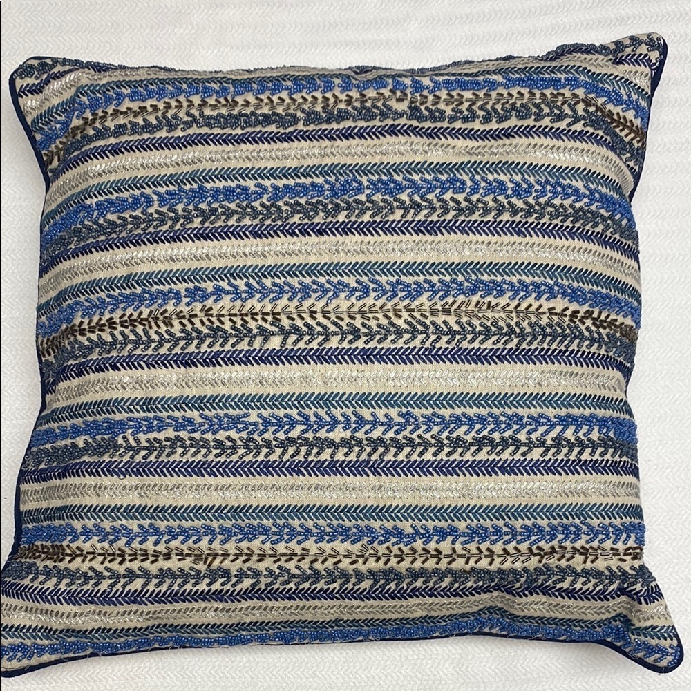 Blue and Cream Striped Accent Pillow